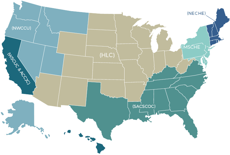US map showing regional accreditors by area