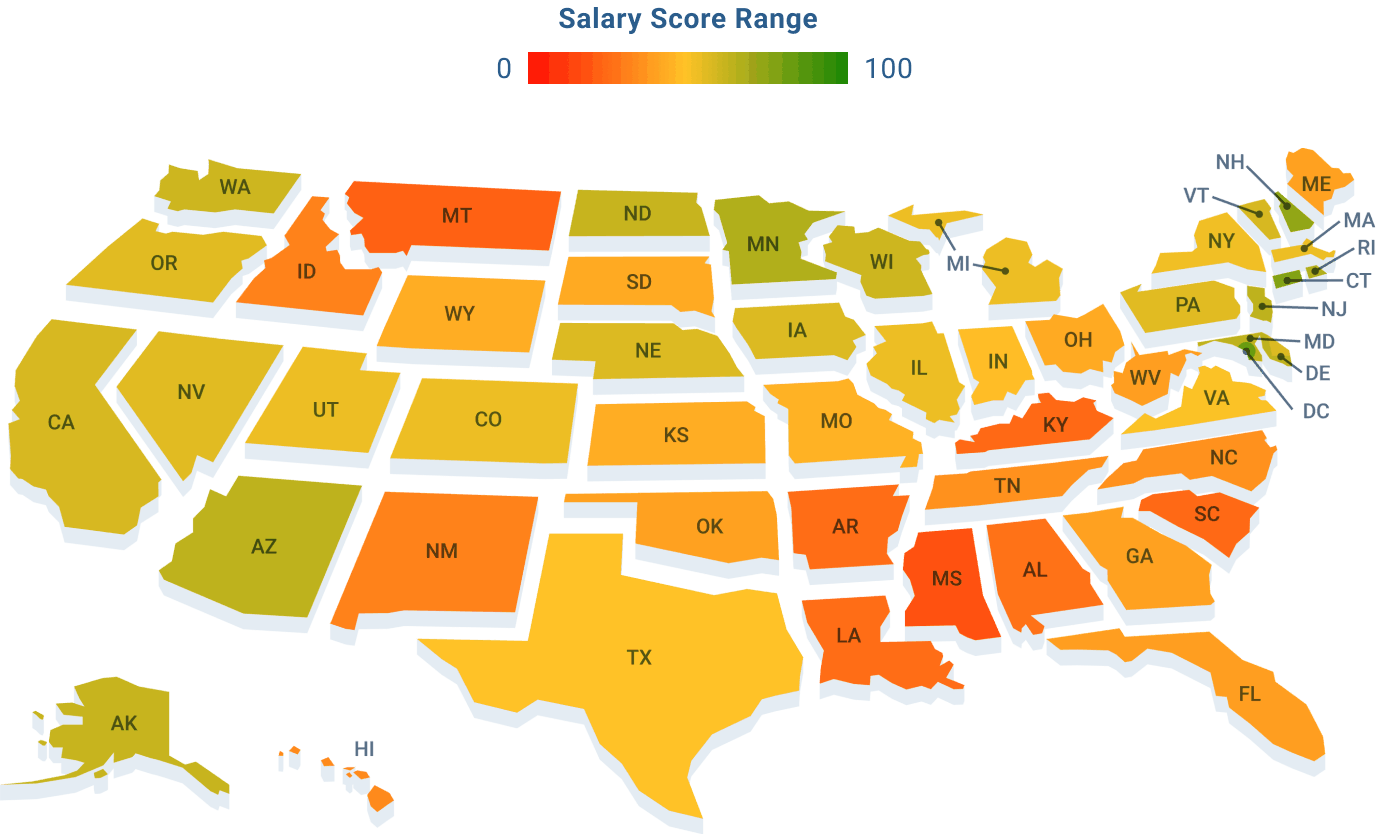 Map of U.S. showing states' unadjusted Salary Scores for bachelor's degrees